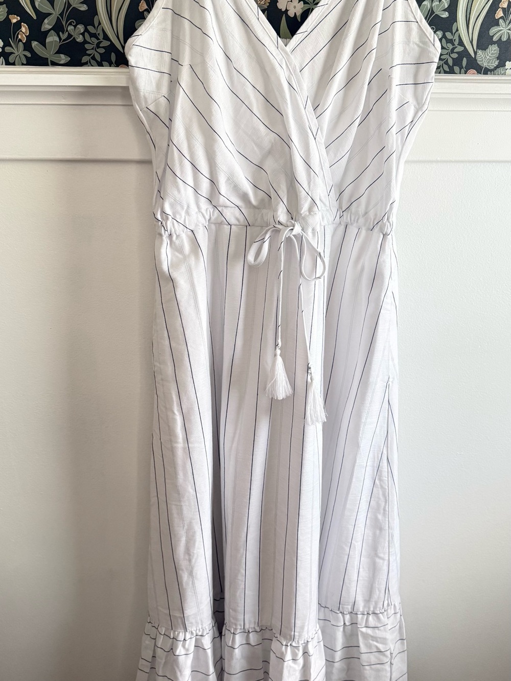 Time and Tru White Maxi Dress with Black Pinstripes